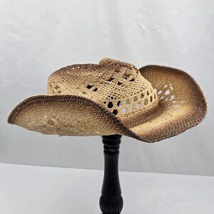 Handwoven Straw Cowboy Hat With Open Weave Design & Brown Gradient Brim